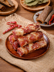 cured pork(cured meat),Chinese bacon,Traditional Chinese marinated pork, put together with various spices in indoor kitchen