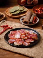 cured pork(cured meat),Chinese bacon,Traditional Chinese marinated pork, put together with various spices in indoor kitchen