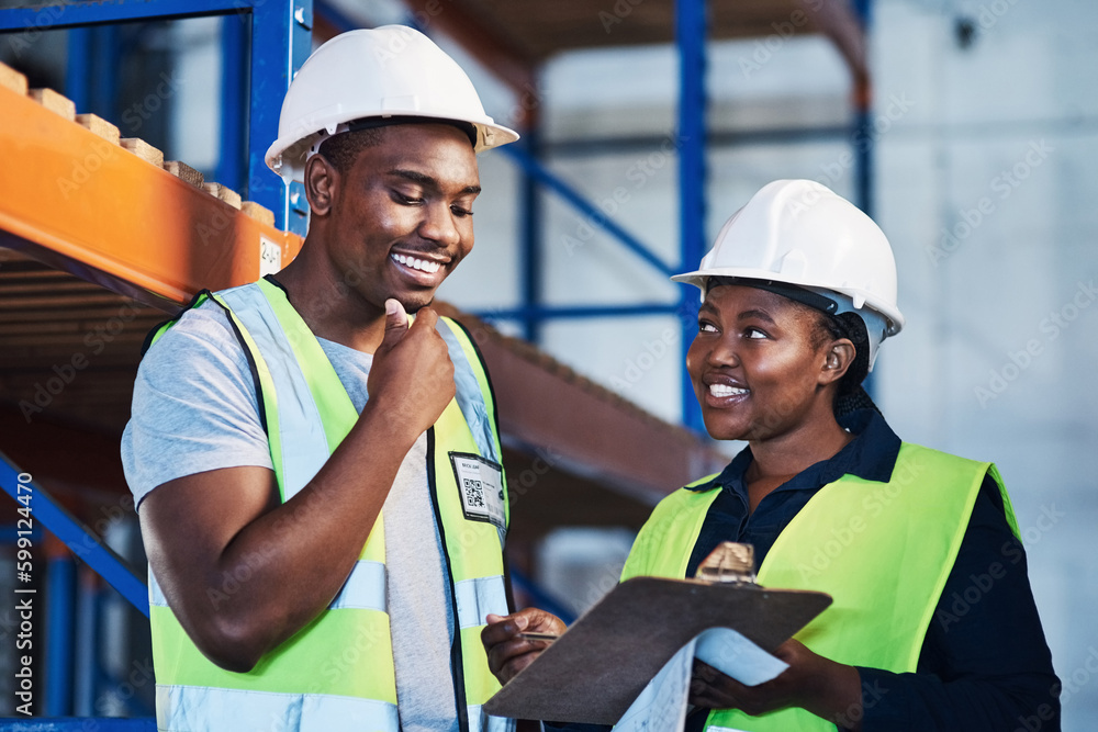 Poster i might have an idea on materials. two young contractors standing in the warehouse and having a disc