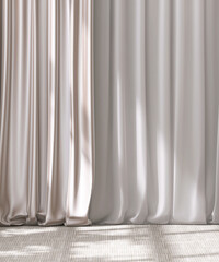 Luxury two layers of satin fabric, ceiling to floor white drapery curtain, beige drape in beautiful sunlight on brown carpet floor for elegant product display, interior design decoration background 3D