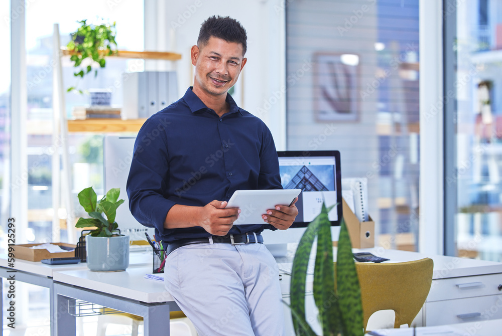 Poster ive started to amass a loyal following. a businessman using a digital tablet in a modern office.