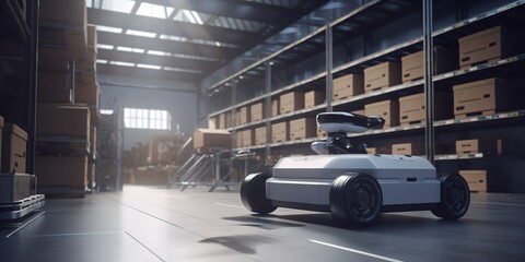Fototapeta premium a robot driving through a warehouse filled with boxes