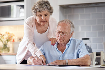 Loud like love. an elderly couple going over paperwork at home.