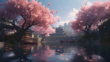 japanese cherry blossoms landscape. Generative AI