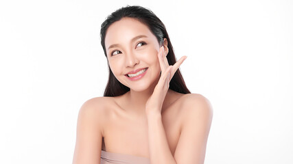 Beautiful young asian woman with clean fresh skin on white background, Face care, Facial treatment, Cosmetology, beauty and spa, Asian women portrait.