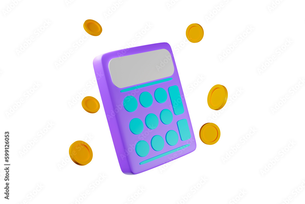 Poster calculator with coins 3d rendering illustration transparency