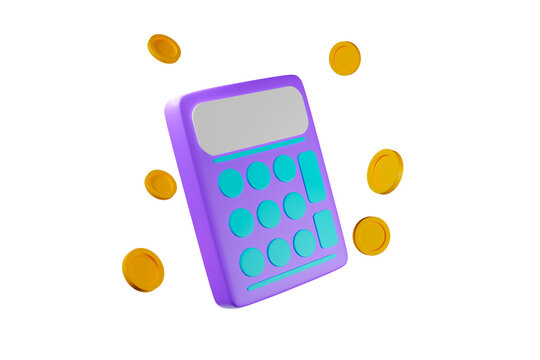 Calculator with coins 3D rendering illustration transparency