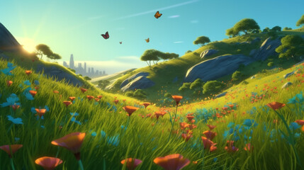 hills grass butterflies flowers. Generative AI