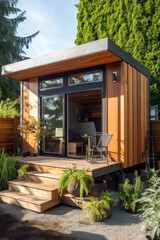 Tiny minimalist house in a garden. Generative AI - obrazy, fototapety, plakaty