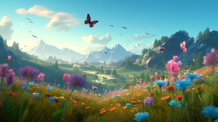 hills grass butterflies flowers. Generative AI
