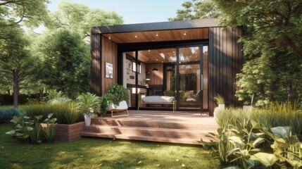 Tiny minimalist house in a garden. Generative AI