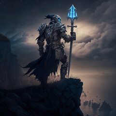 Fototapeta premium Dark knights, the demon king's sharpshooters, search for enemy ships on the cliff.｜Generative AI