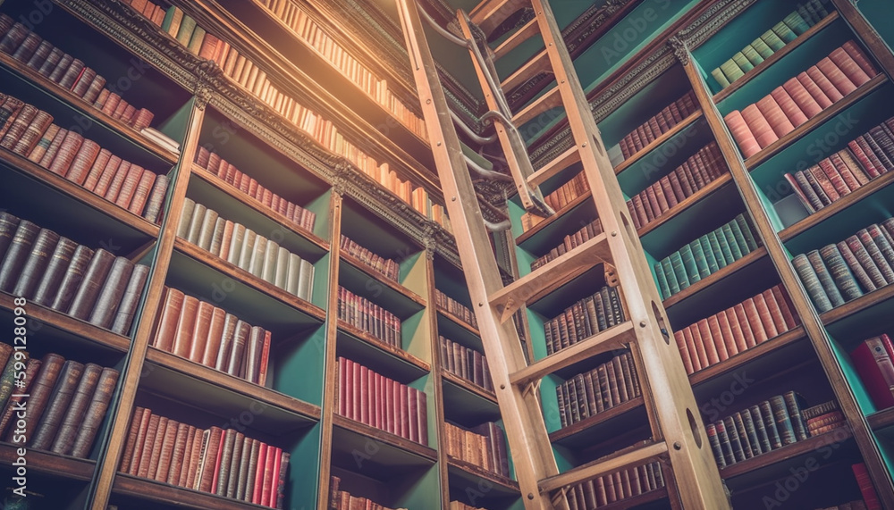 Poster a large collection of old textbooks in a bookstore generated by ai