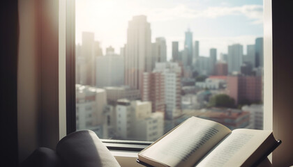 Fototapeta na wymiar Reading literature in modern library, skyscraper view generated by AI