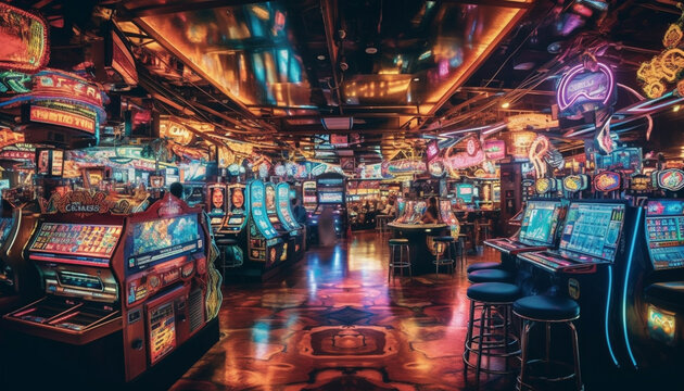 Neon lights illuminate the casino spinning wheel generated by AI