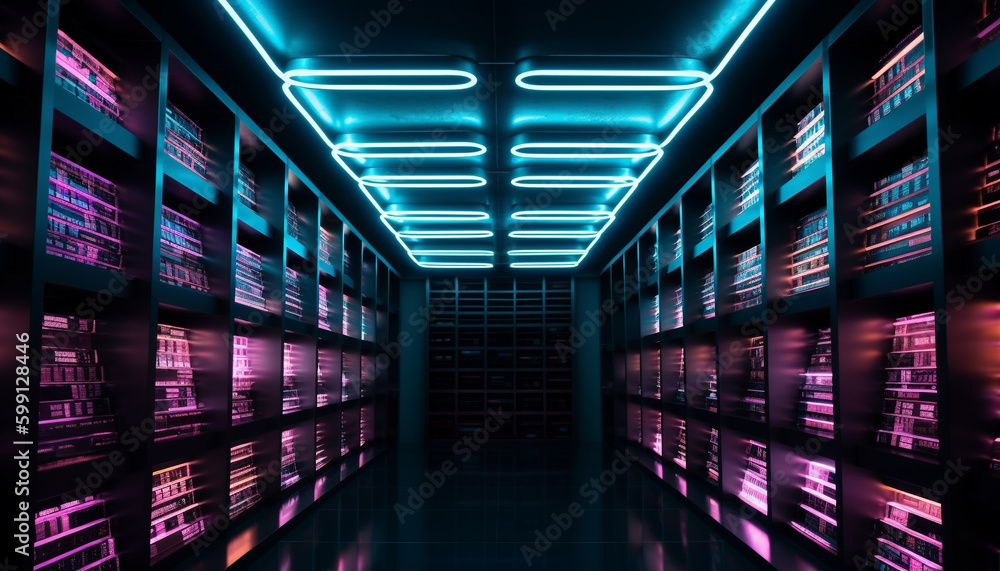 Poster futuristic computer network glows in dimly lit corridor generated by ai