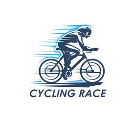 Fototapeta na wymiar Cycling sport icon of bike racer silhouette on bicycle, vector cycle race club badge. Cycling sport icon with bike cyclist on road with speed ride wheels, cycling sport tour or competition sign