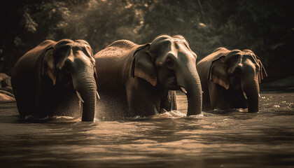 Fototapeta na wymiar Large African elephant herd splashing in water generated by AI