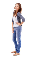 Isolated woman, portrait and fashion with smile, denim jeans or casual aesthetic by transparent png...