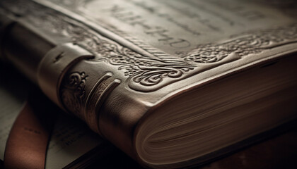 Ancient leather Bible, focus on foreground text generated by AI