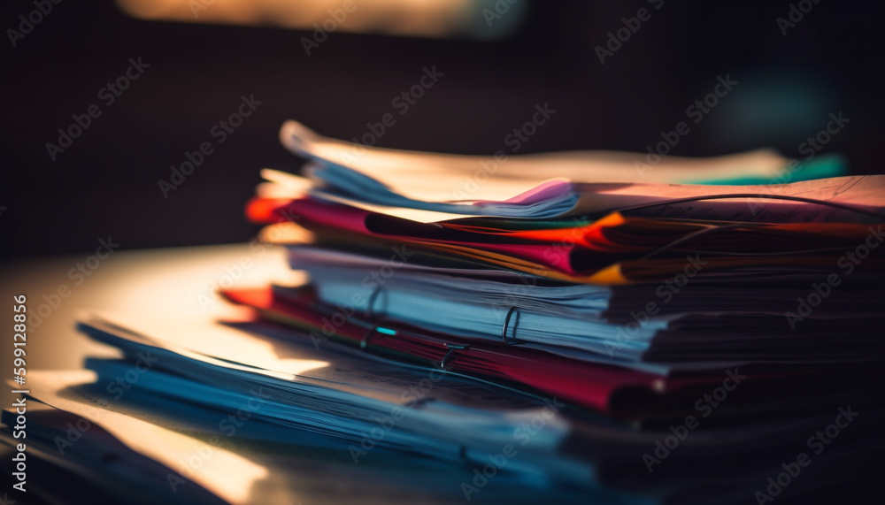 Poster large stack of books on desk in library generated by ai