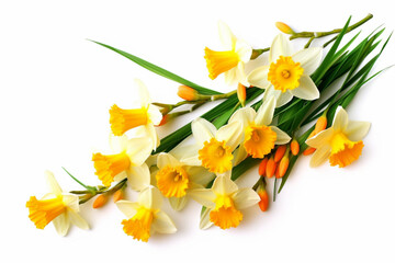Fototapeta na wymiar Bright yellow flower of Easter bells daffodil flower isolated on white background. generative AI