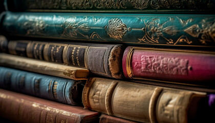 Antique book collection on old fashioned bookshelf generated by AI