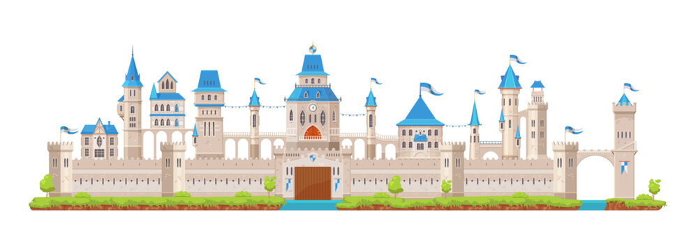 Knight stone castle and fortress. Gate, tower and turret, bridge, fort, wall and palace medieval architecture. Isolated cartoon vector antique building with flags. Fantasy magic or fairy royal house