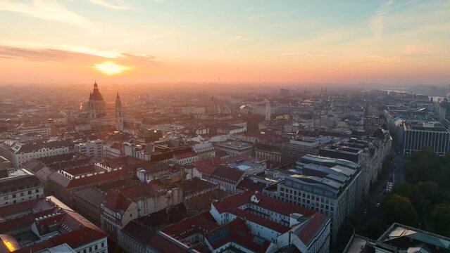 Aerial view of Budapest city skyline and St. Stephens Basilica at sunrise, Hungary