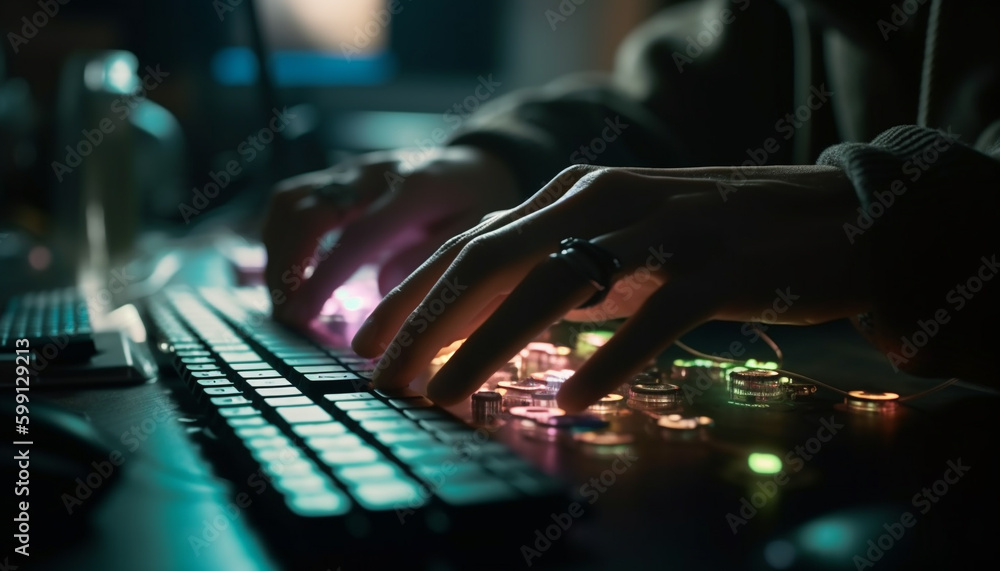Aufkleber programmer typing code on computer equipment at night generated by ai