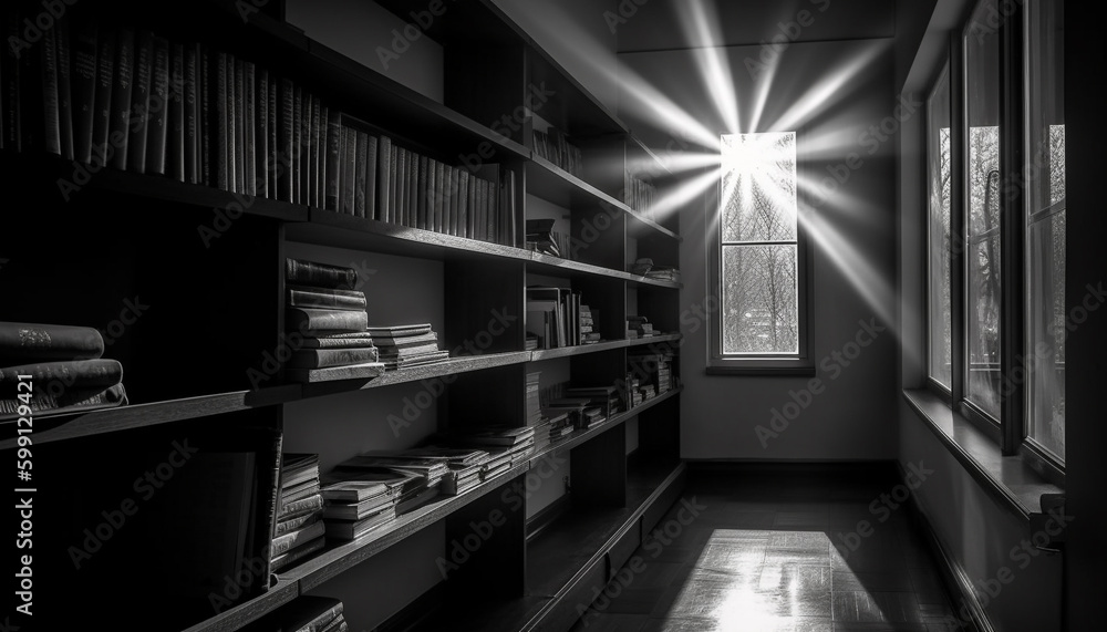 Poster modern library bookshelf collection in a bright office generated by ai