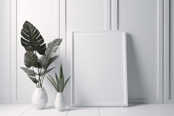 white empty frame and plant in a room. Generative Ai