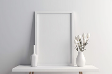 white frame on a table with flowers. Generative Ai