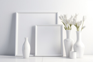 group of white frames and vases on top of a table . Generative Ai