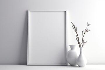 frame and vases on a white wall. Generative Ai