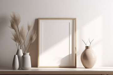 white shelf with vases and a picture frame. Generative Ai