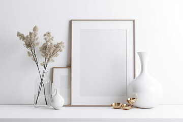 white vases and a frame on a shelf. Generative Ai