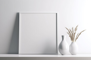 white vases and a blank frame on a shelf. Generative Ai
