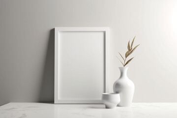 white frame and vase on a table. Generative Ai
