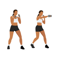 Fototapeta na wymiar Young woman doing punching exercises. Fitness woman working on martial arts punches with dumbbell. Flat vector illustration isolated on white background