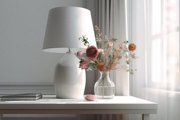 white table with a lamp and flowers on it. Generative Ai