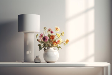 there is a vase with flowers on a table next to a lamp. Generative Ai