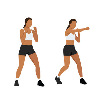 Young woman doing punching exercises. Fitness woman working on martial arts punches at a gym. Flat vector illustration isolated on white background © lioputra