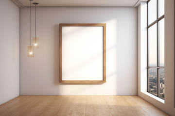 empty room with large windows and wooden floor. Generative Ai