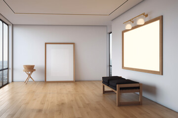 room with a large window and wooden floor. Generative Ai