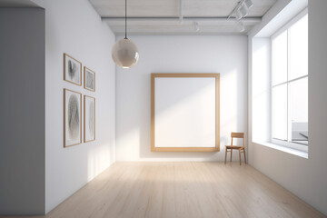 white room with a large window and wooden floor. Generative Ai
