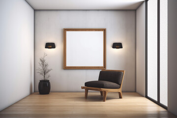 minimalist home interior design. room with a chair and a picture frame. Generative Ai