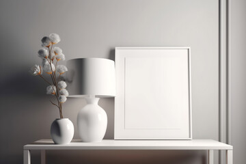 minimalist home interior design.  white table with a lamp and a picture frame. Generative Ai
