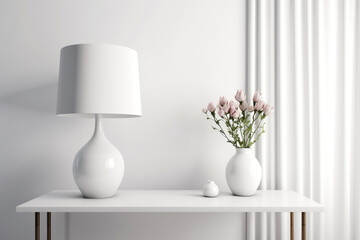 minimalist home interior design.  white table with a lamp and vase on it. Generative Ai
