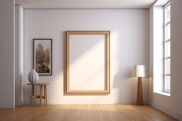 minimalist home interior design. white room with a large picture frame. Generative Ai